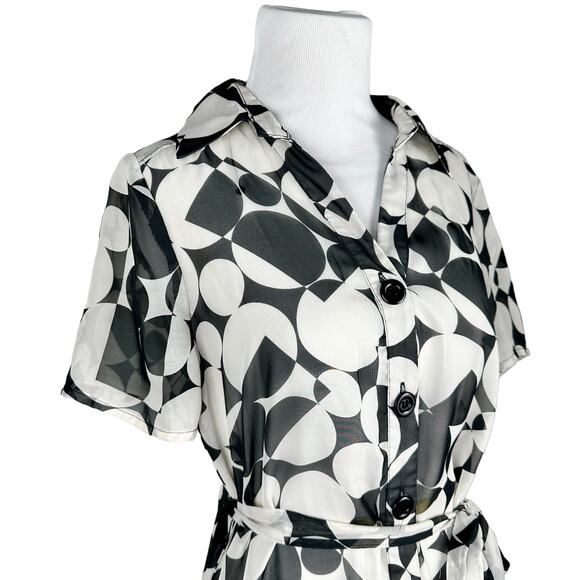 Shirt Dress Womens SZ 10 Black White Abstract Belted High Low Tradwife Sheer - Picture 9 of 14